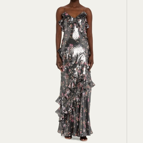 NWT LoveShackFancy Pixie Dust Silver Rialto Asymmetric Ruffle Dress 6 - Picture 1 of 9